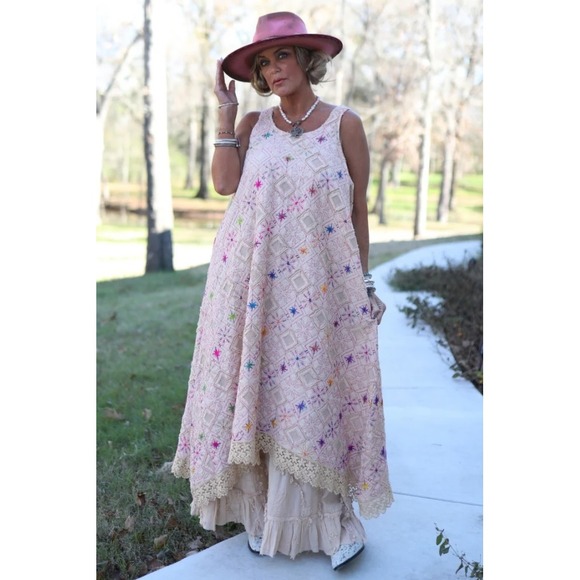 Jaded Gypsy Stars Align Dress O S Beige Embroidered Bohemian Maxi Dress
